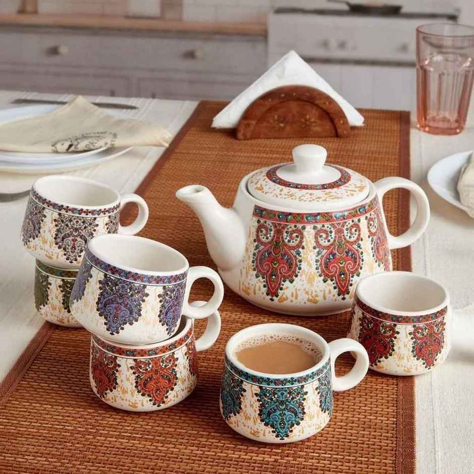 Roxx Mystic Ceramic Tea Set | 150ml x 6 Cups + 1 Pot | Mystic Bloom | Durable | Multicolour