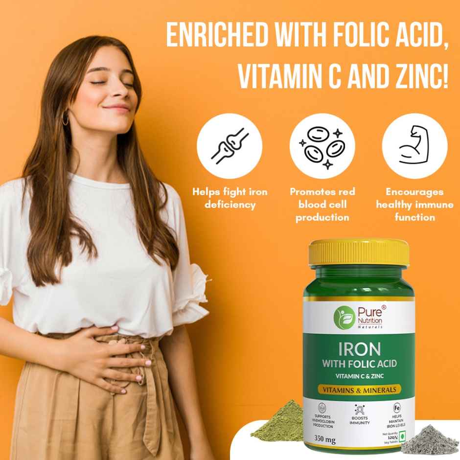 Pure Nutrition Iron + Folic Acid | With Zinc | Vitamin C & B12 | Energy & Haemoglobin