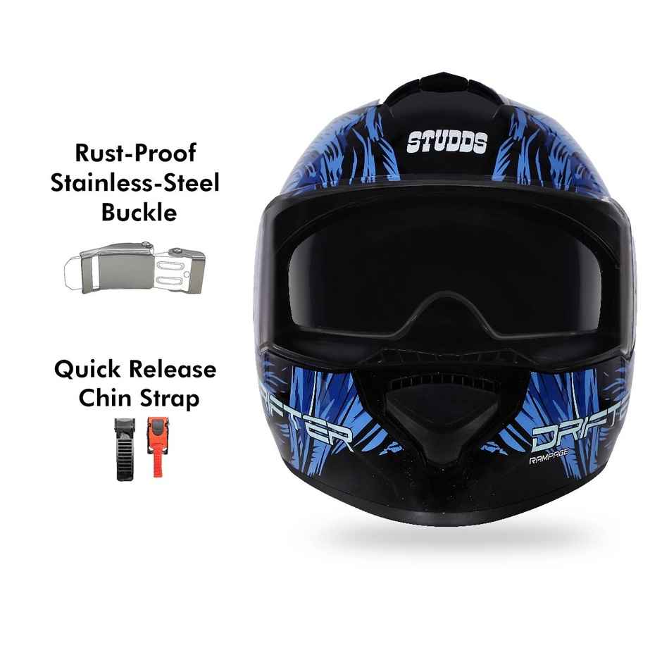 Studds Drifter D3 Rampage ISI-DOT Certified Full Face Helmet|Dual Visor & Spoiler|Black Grey N1 - L