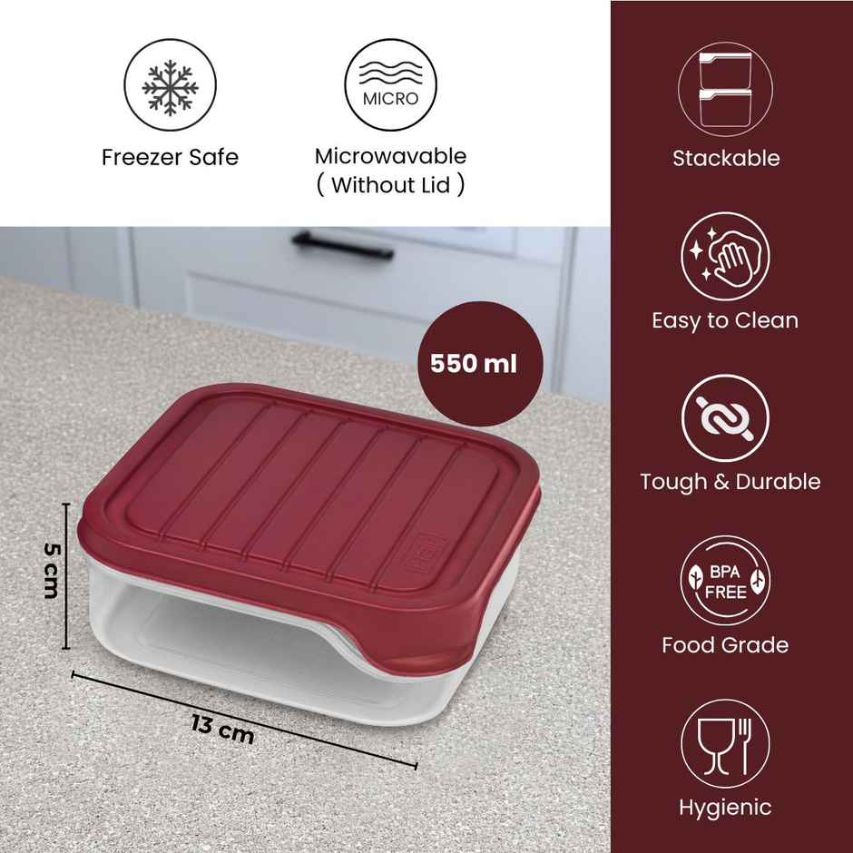 Flair Plastic Storewell Square Food Storage Containers 550Ml - Set Of 3, (Maroon), Food Grade