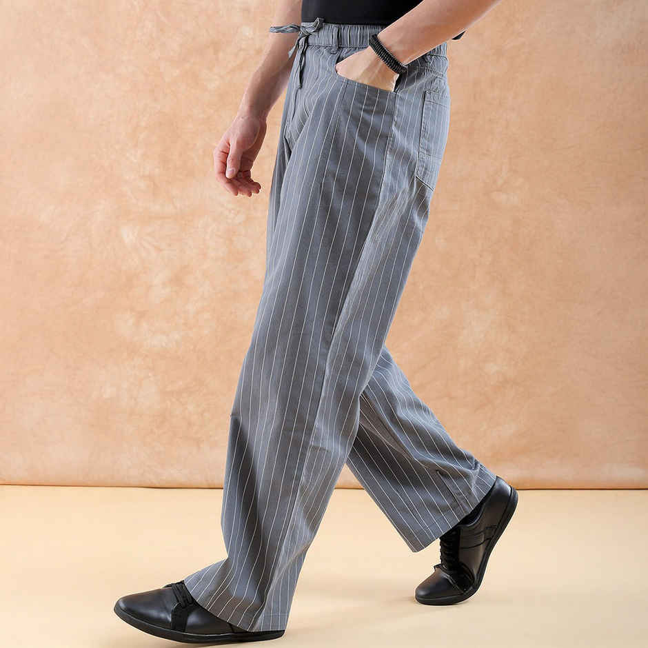The Indian Garage Co Men Casual Loose Fit Grey Striped Trousers - 34 | 1223-Tllsetr-01