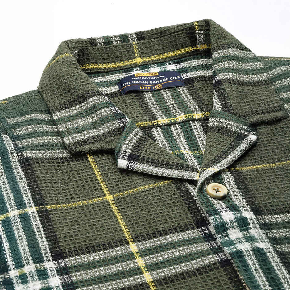 The Indian Garage Co Men's Relaxed Fit Checkered Resort Wear Half Sleeve Shirt | Green - S
