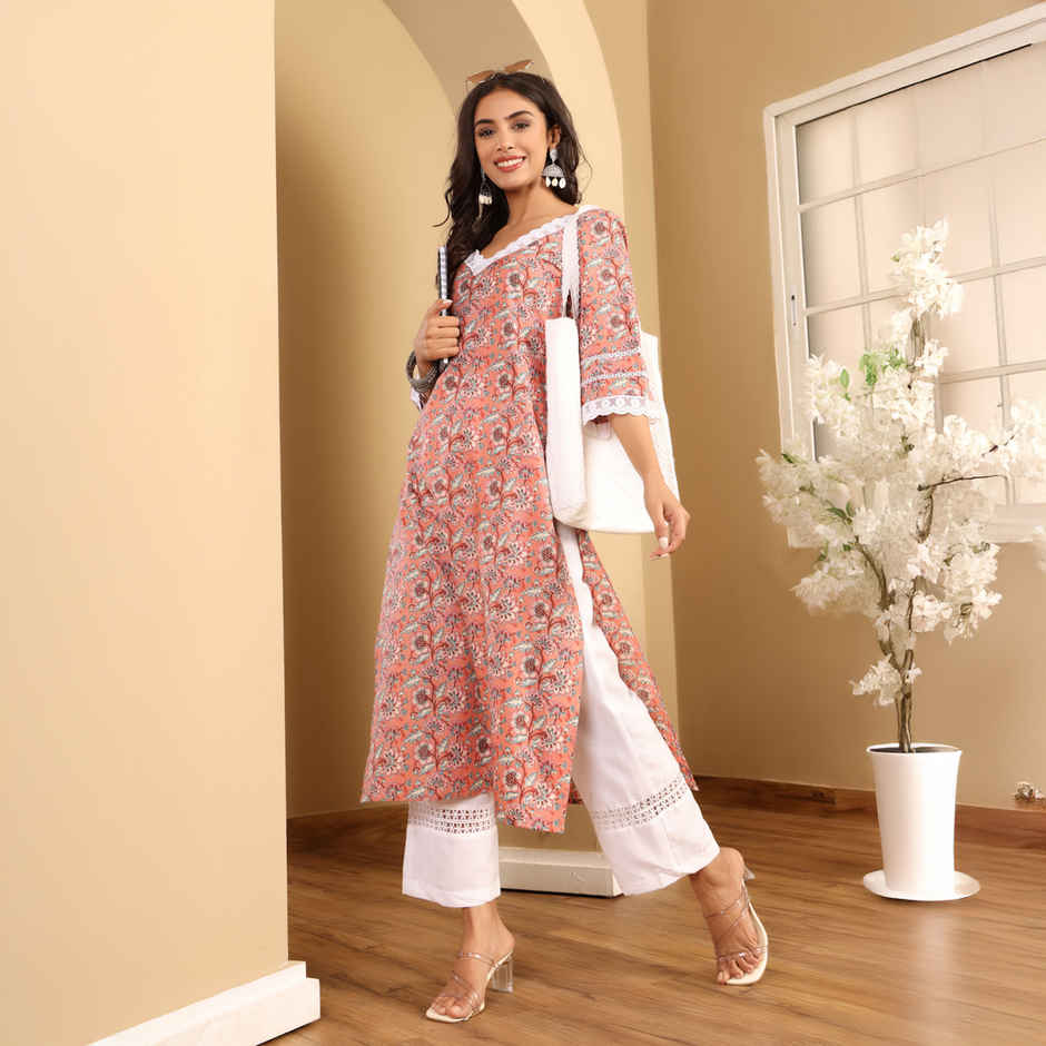 Varanga Women's Ethnic Floral Printed Flared Sleeve Kurta | Peach - M