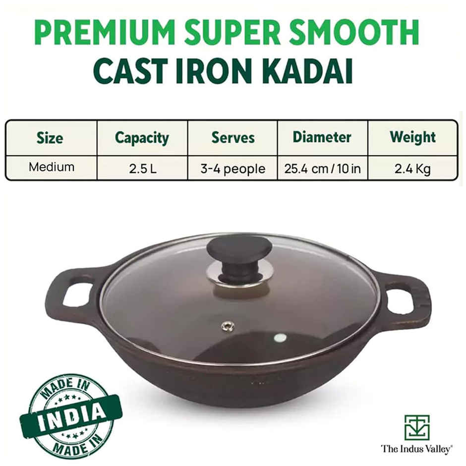 The Indus Valley Super Smooth Cast Iron Kadai with Glass Lid 10.2Inch/26 cm, 2.5Ltr, 2.4kg