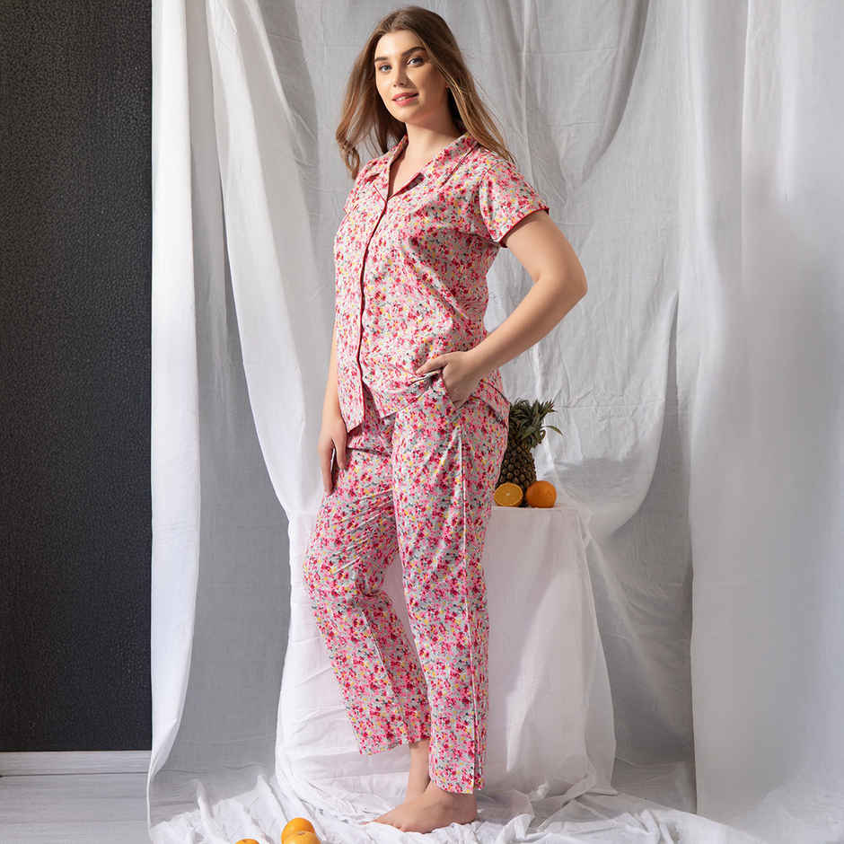 Clovia Print Me Pretty Button Down Shirt & Pyjama Set - Cotton Rich(Pink - M)