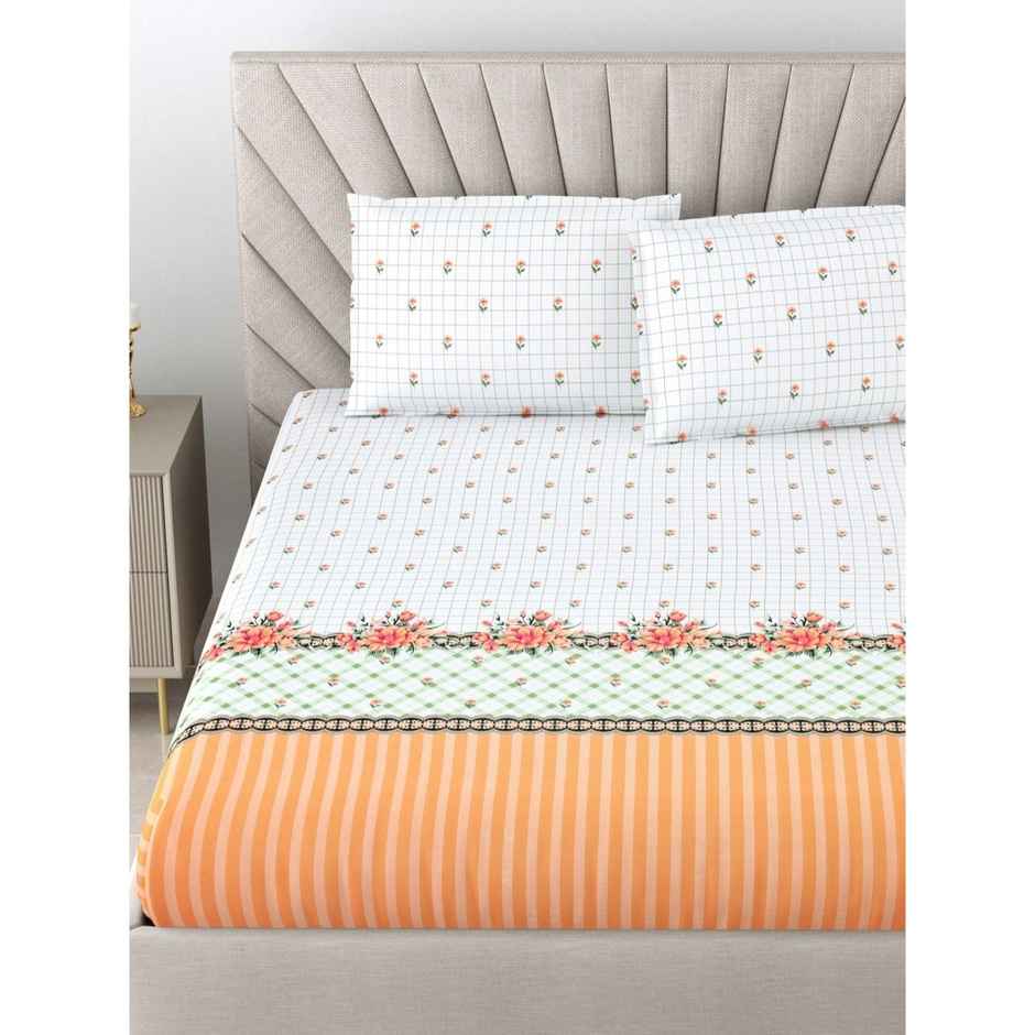 Bombay Dyeing Thyme 210 TC 100% Cotton Satin Peach Super King Size Bedsheet with 2 Pillow Covers