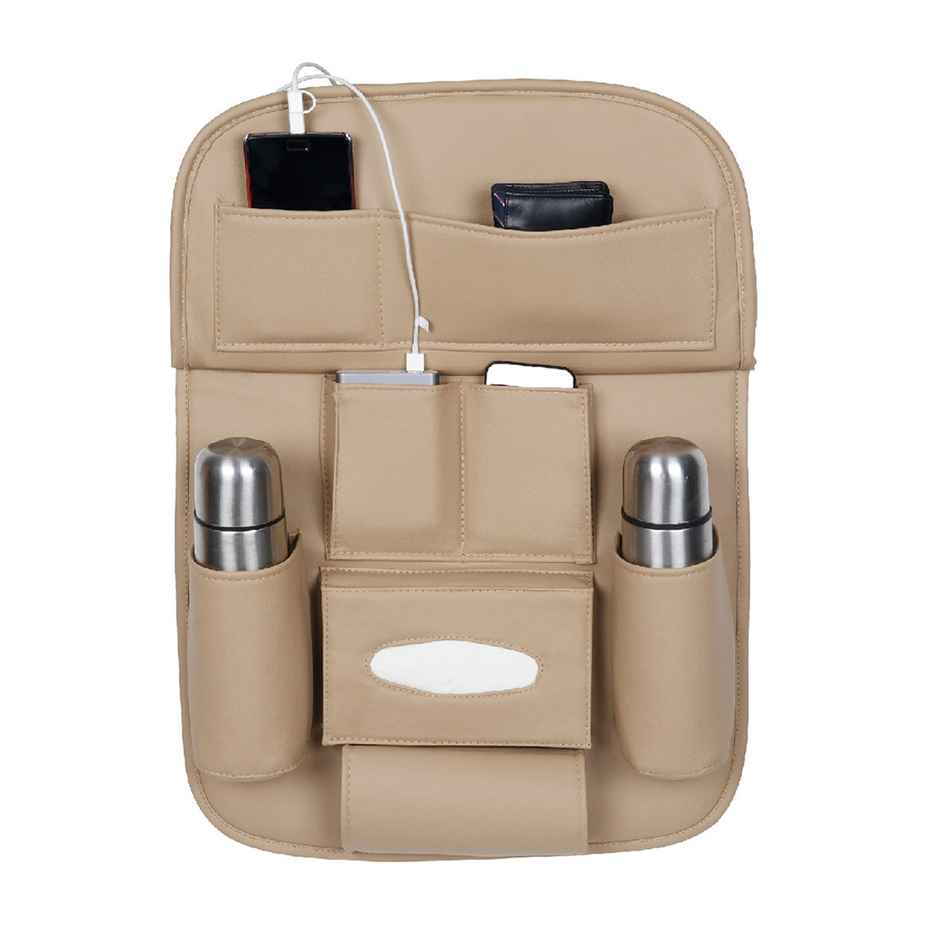 Autofurnish 3D Car Seat Back Multi Pocket Storage Bag Organizer with Car Meal Tray | Beige