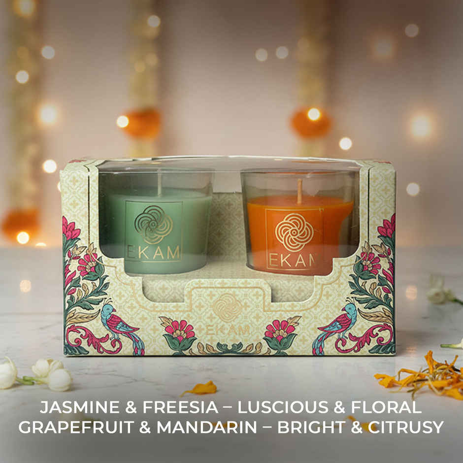 EKAM Scented Votive Candles (2 pcs) | Jasmine & Freesia, Grapefruit & Mandarin | 43g Each| 10H Burn