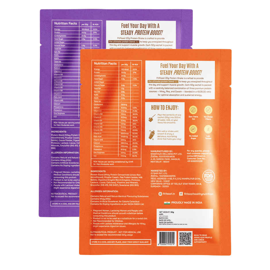 FitFeast Protein Shake Sachet Assorted 20g Protein (Pack of 14) (with free shaker)