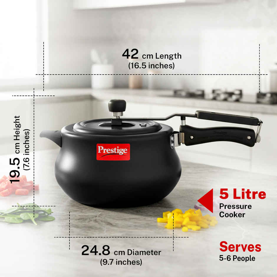 Prestige Nakshatra+ SvachhHA AluminiumHandi PressureCooker 5L,Metallic Safety Plug,5Y Warranty,Black