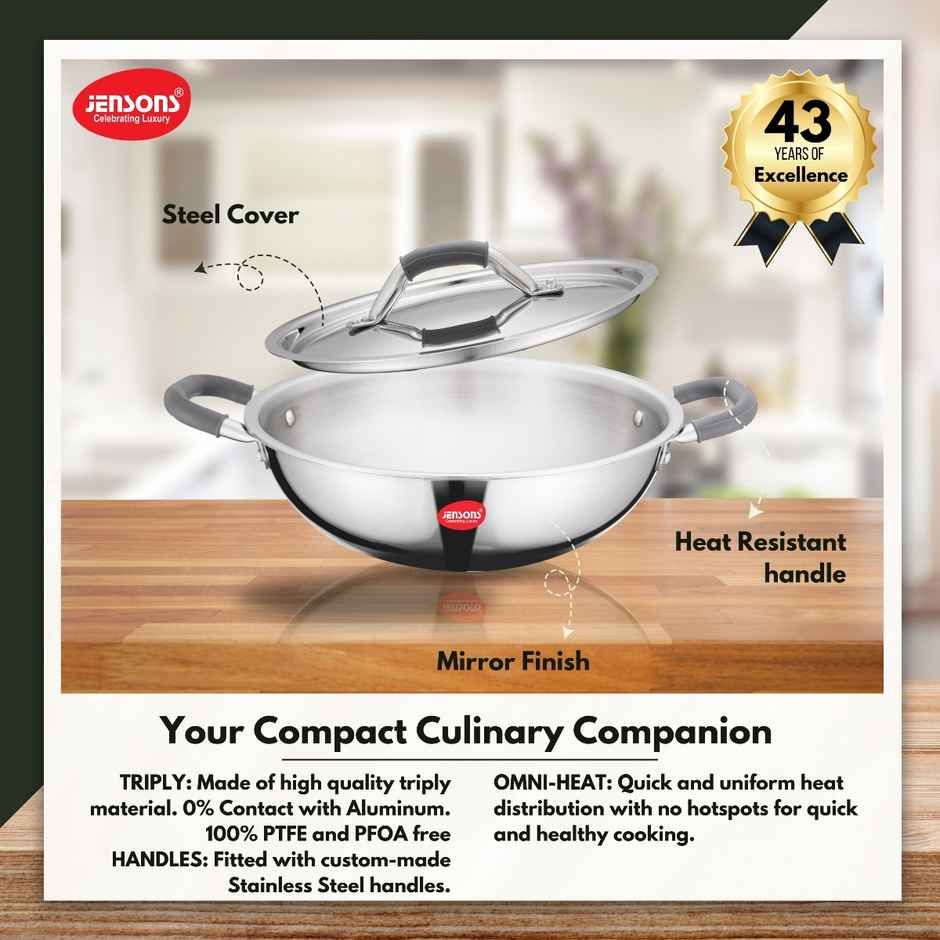 Jensons Triply Stainless Steel Kadai | 22 cm | Glass Lid | Induction Compatible