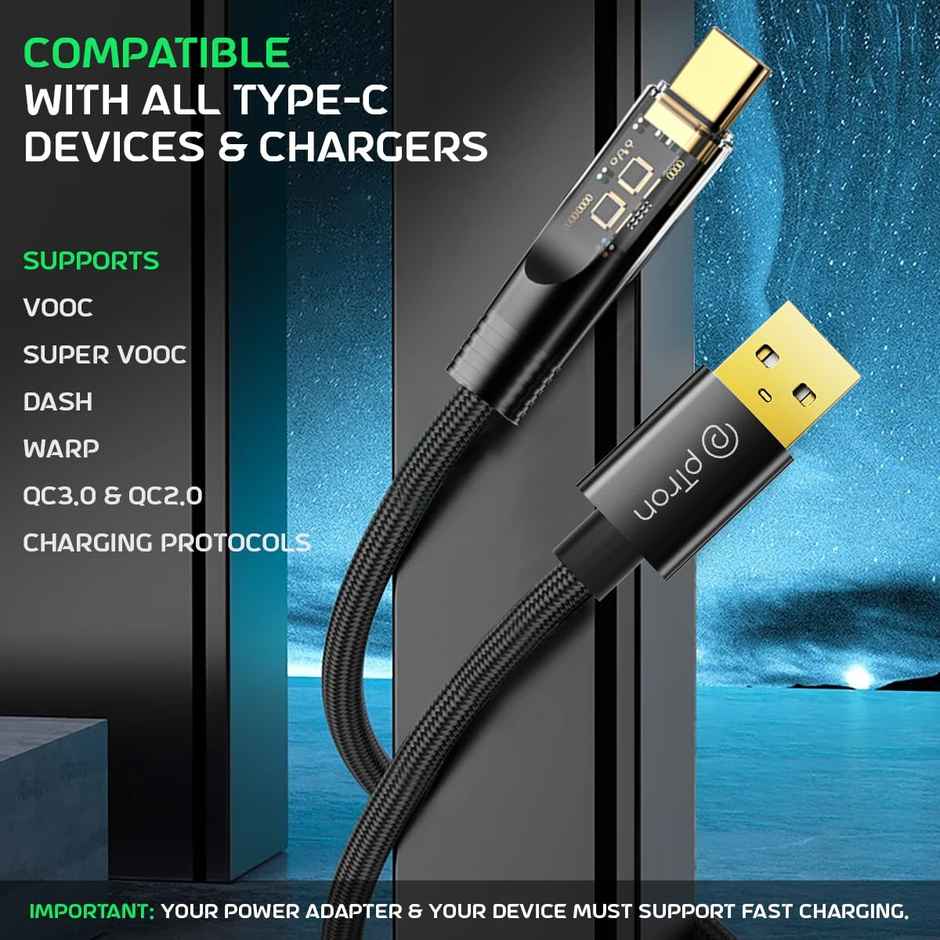 pTron Solero 65W USB to Type-C Super Fast Charging USB Cable Compatible with Samsung,OnePlus,Oppo,Vivo,Xiaomi,Realme & Other Type-C Devices, Unbreakable Nylon Braid, 480Mbps Data Sync Speed (1M) - Black