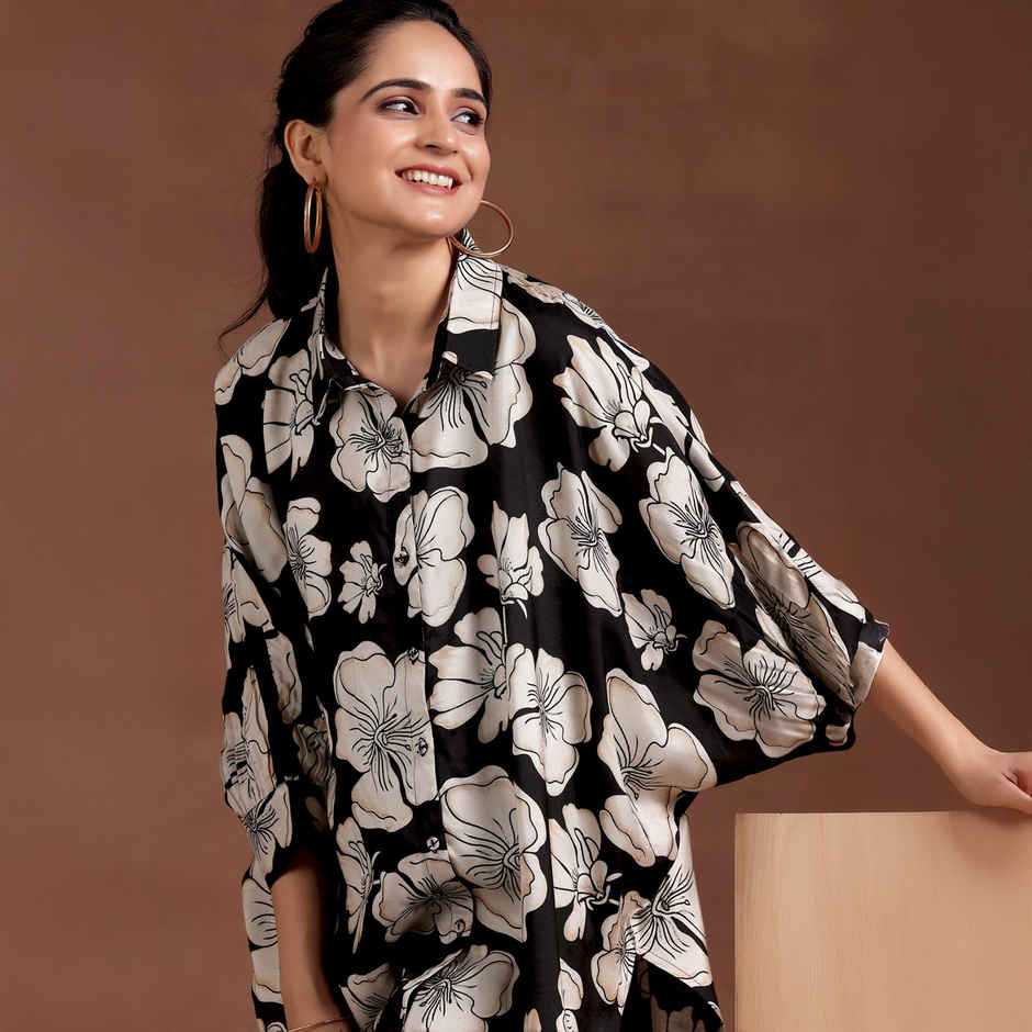 Libas Women's Printed Silk Blend Co-Ords Set | Black - M