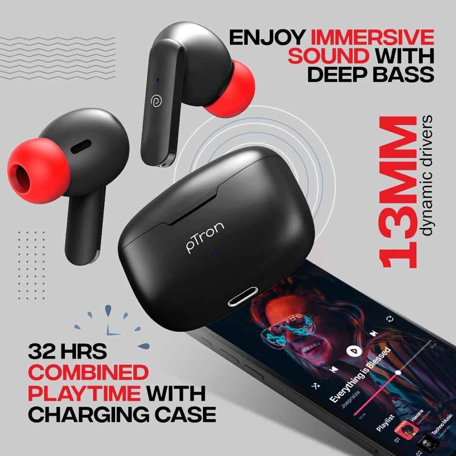 pTron Bassbuds Duo TWS Earbuds | Stereo Calls | 32H Playtime | Stereo Sound & Type C Charging - Black/Red
