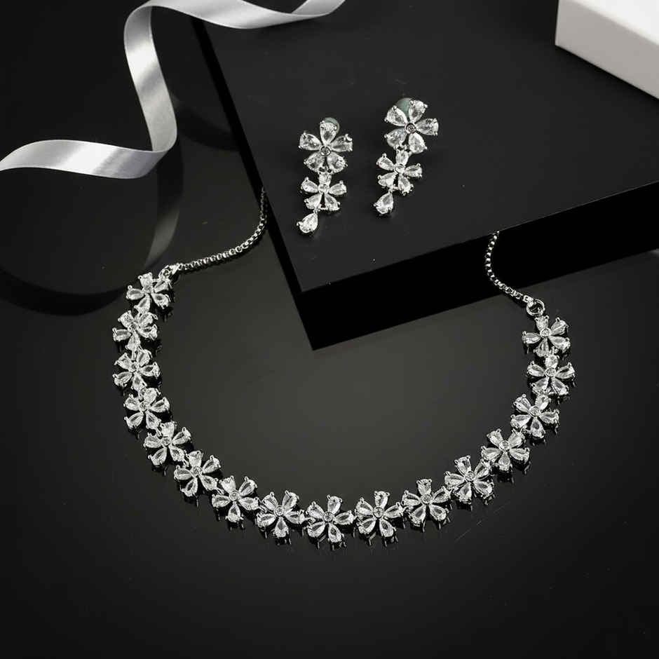 Zeneme Silver-Toned & White AD Stone-Studded Rhodium-Plated Jewellery Set For Women & Girls