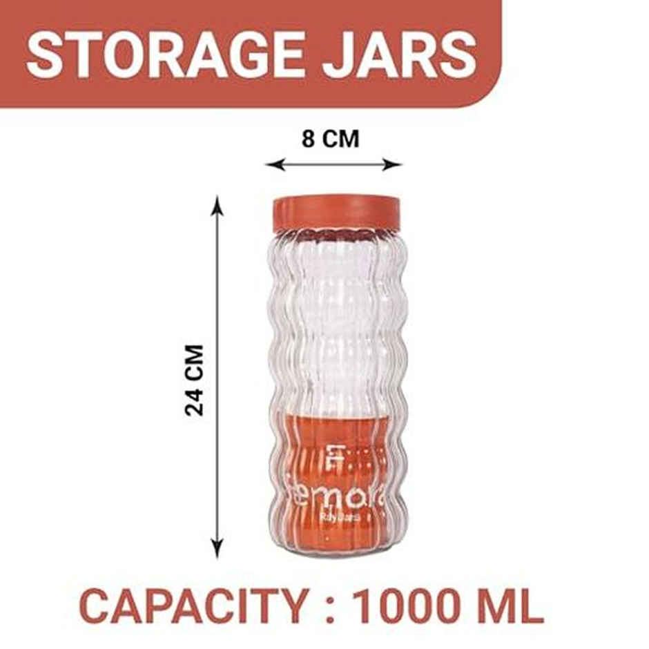 Femora Kitchen Storage Jars Clear Glass With Plastic Stackable Lid Jar, 1000 ml, Pack Of 2