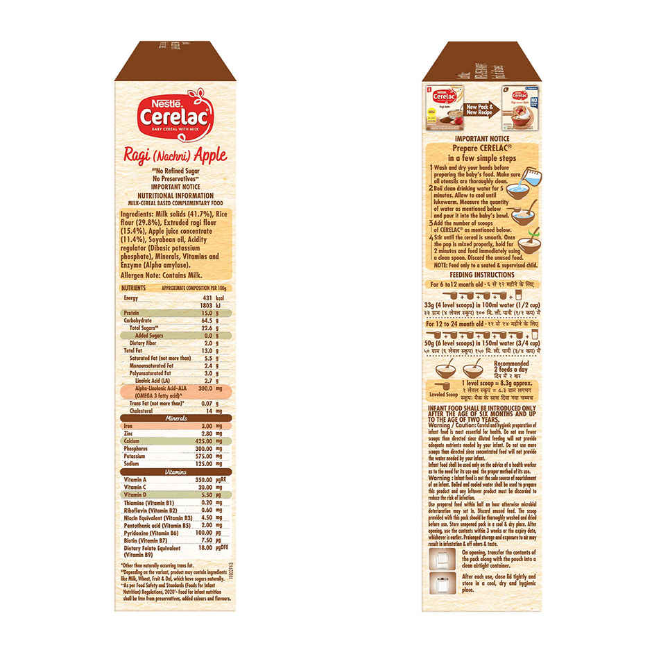 Nestle CERELAC Ragi (Nachni) Apple Baby Food Cereal, No Refined Sugar & No Preservatives