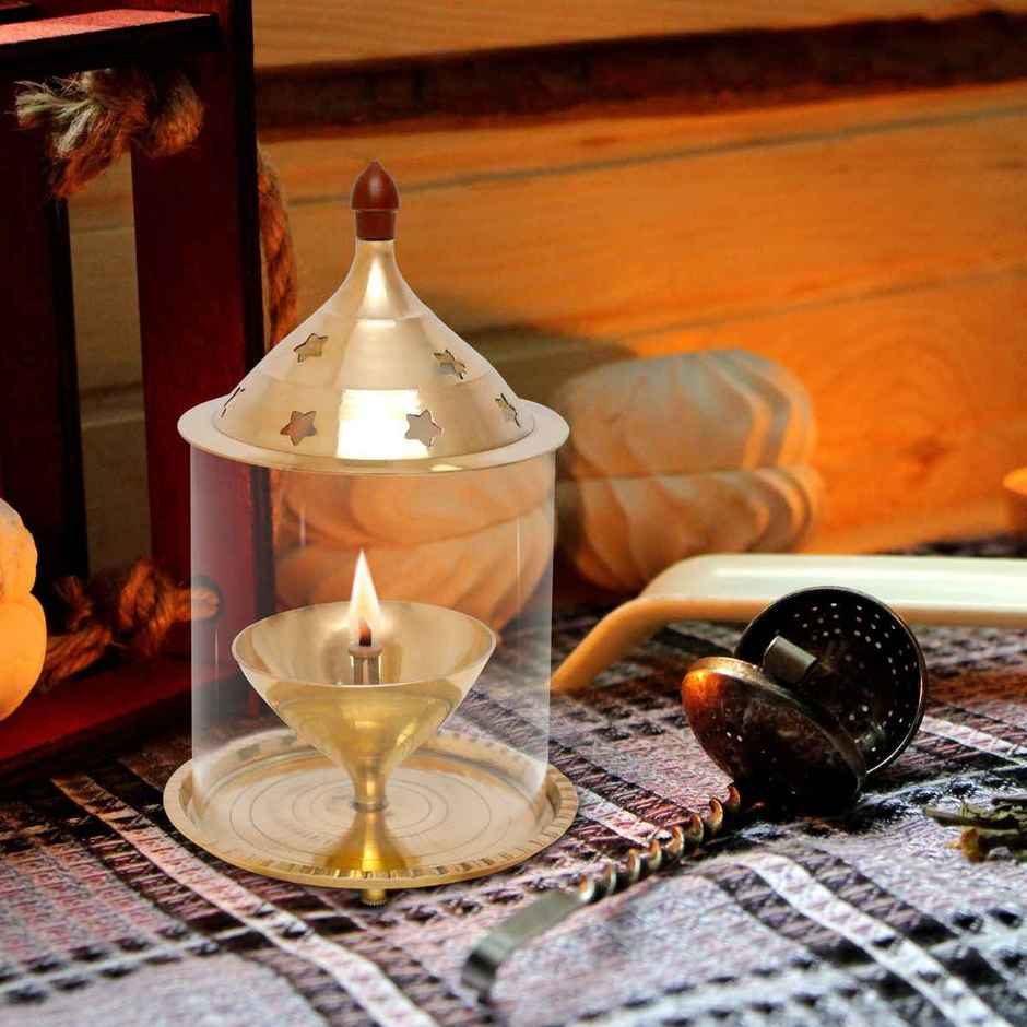 Nitya Brass Akhand Jyot Aaradhya Diya With Borosilicate Glass Medium | Gold | Shubhkart