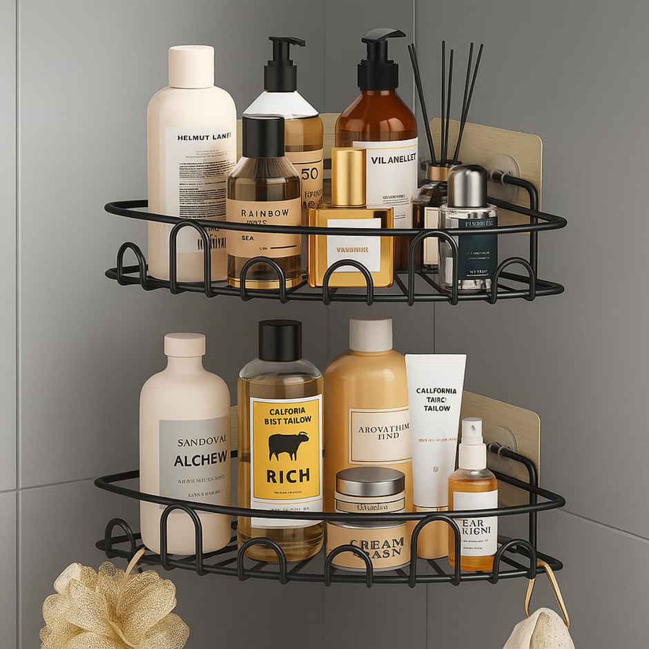 Zedak Self Adhesive Bathroom Corner Shelf  | Racks With Hooks | Metal | Black