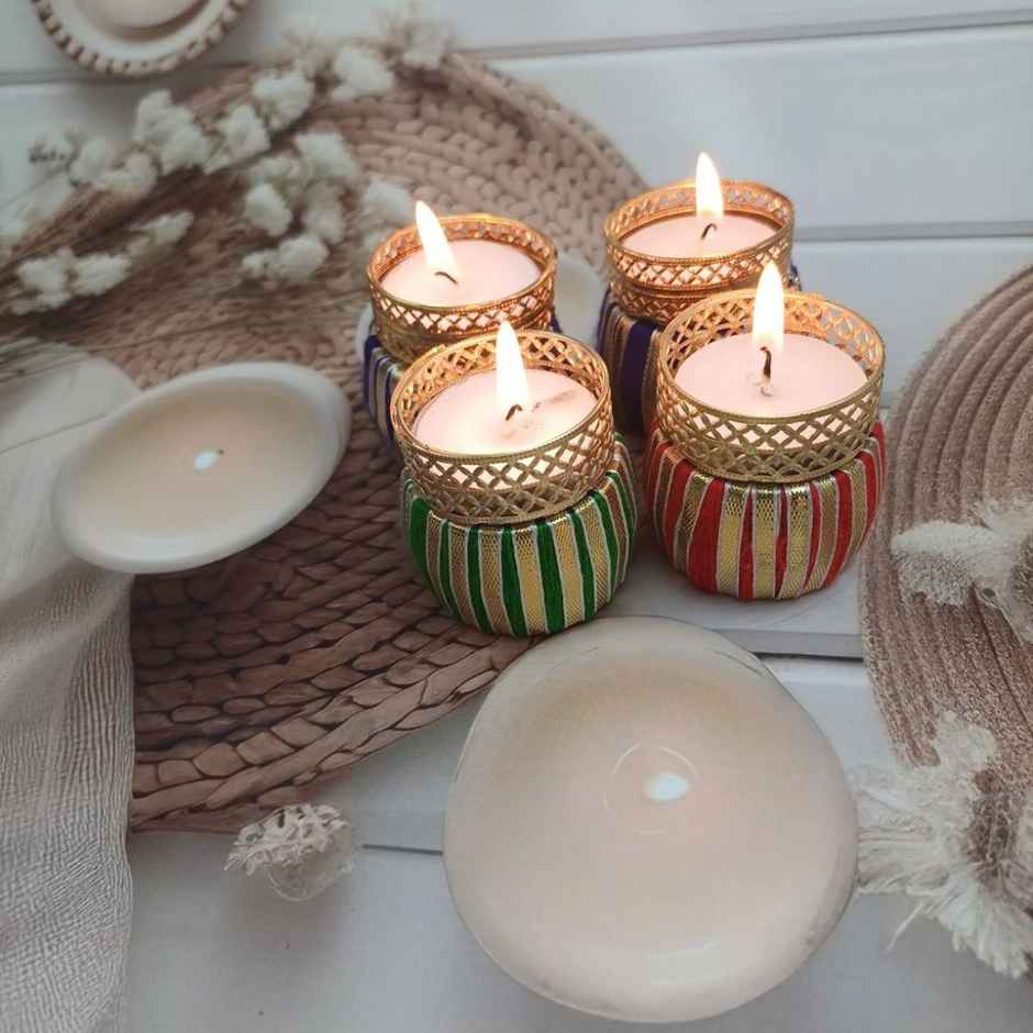 Gota Drum T Light Holders | Pack Of 4 | Glass and Metal | Assorted | Gullak