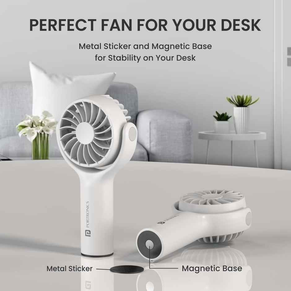 Portronics 5Watt Toofan Mini Portable Rechargeable Fan with 3 Speed Modes, Upto 7800 RPM Max Speed, 2000 mAh Battery, Type C Charging Port, Magnetic Base for Stability - White
