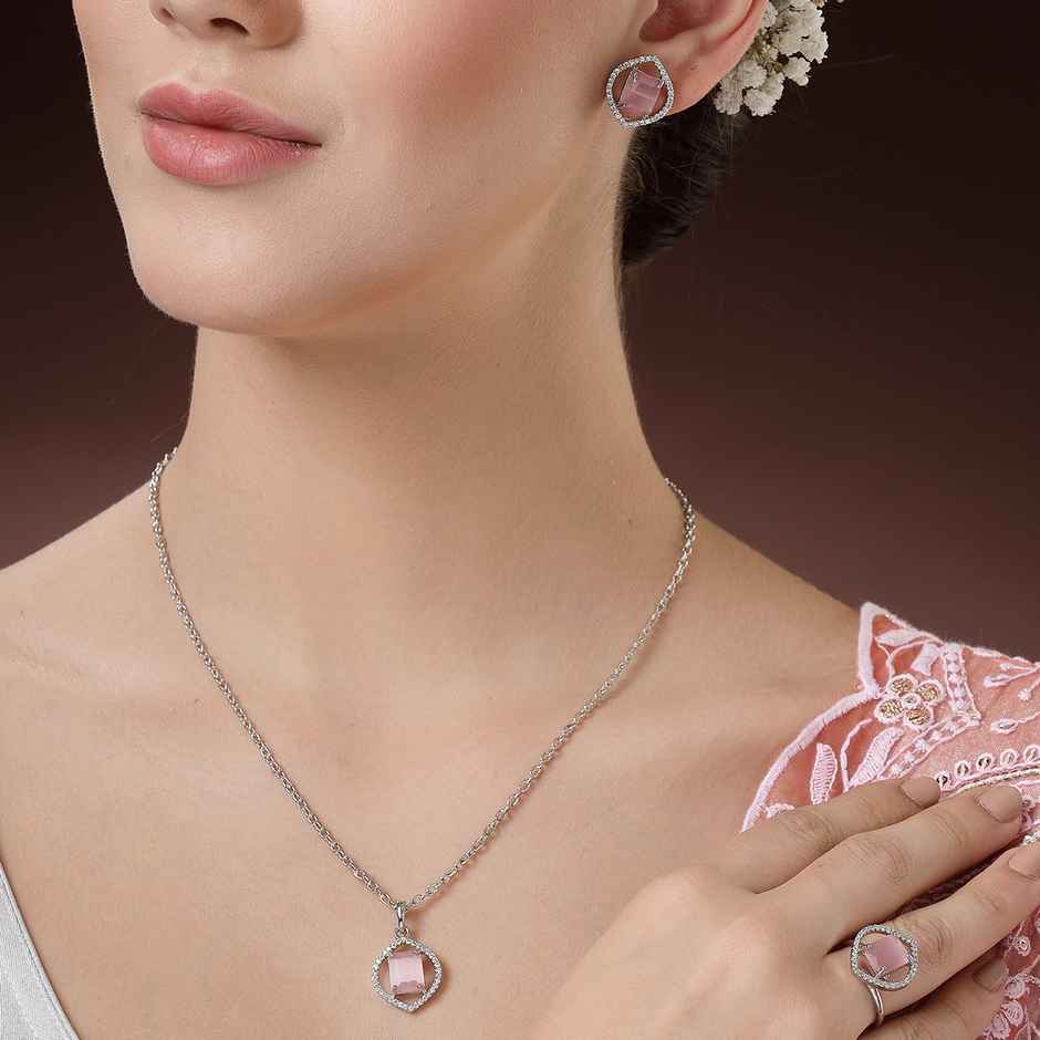 Zeneme Silver-Plated AD Stone-Studded Marquise Halo Pink Necklace and Earrings Ring Women & Girls