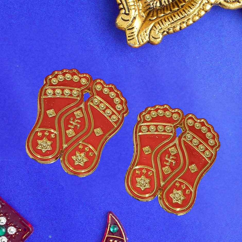 Gullak Auspicious Symbols Red And Golden Plastic Stickers Pair Of Charan