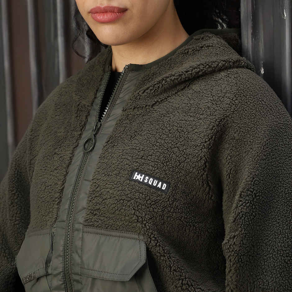 High Star Women's Self Design Hooded Front-Open Crop Sweatshirt | Olive - S