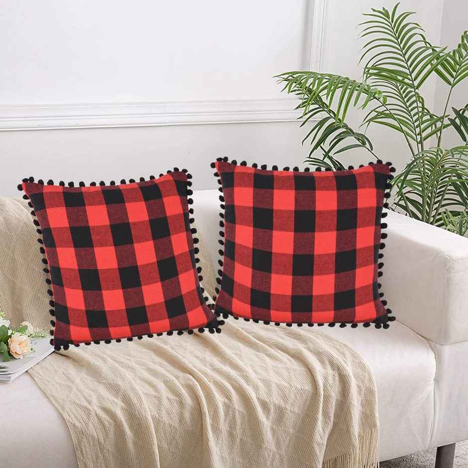 Lushomes Cushion Covers - Red-Black Checks | Cotton | 16 x 16 inch | With Pom Pom