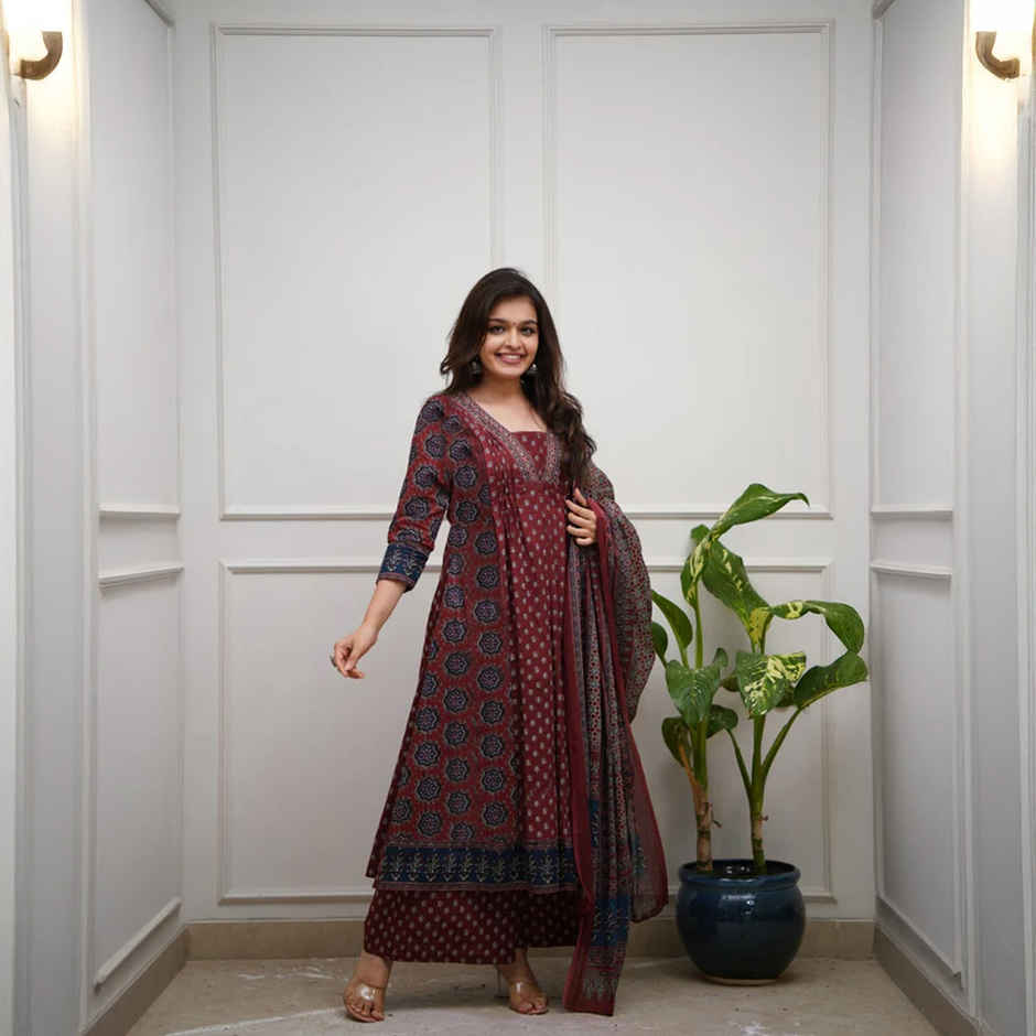 GoSriKi Women's Viscose Rayon Anarkali Printed Kurta with Pant & Dupatta | NAKULA | Wine - XL