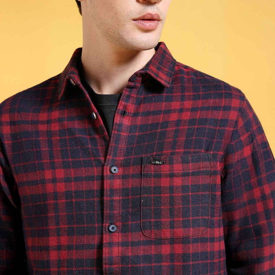 The Indian Garage Co Men's Slim Fit Checkered Casual Shirt | Navy Blue - S