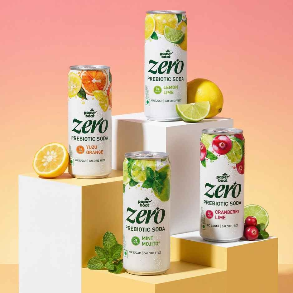 Paper Boat Zero Prebiotic Soda Cranberry Lime, 5g Fibre, Caffeinated Sugar Free Cold Drink