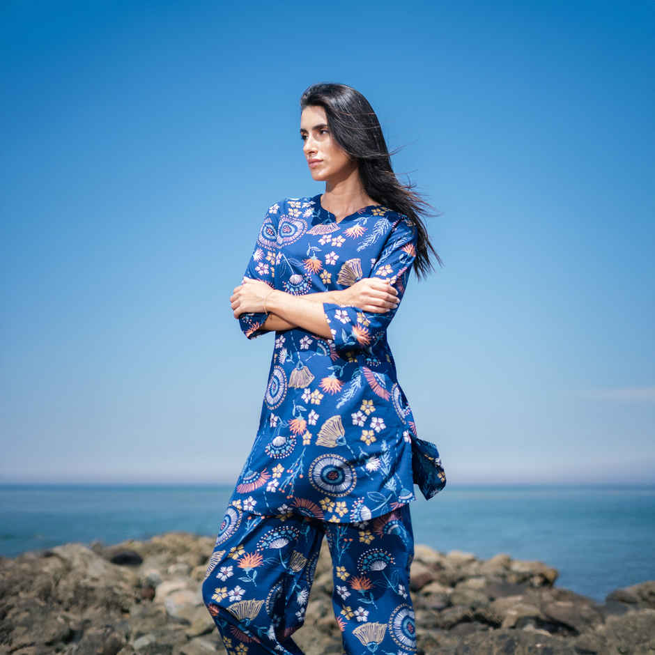 Sanskrutihomes Ethnic Motif Pure Cotton Top & Trouser Co-Ord Set | Navy Blue - XL