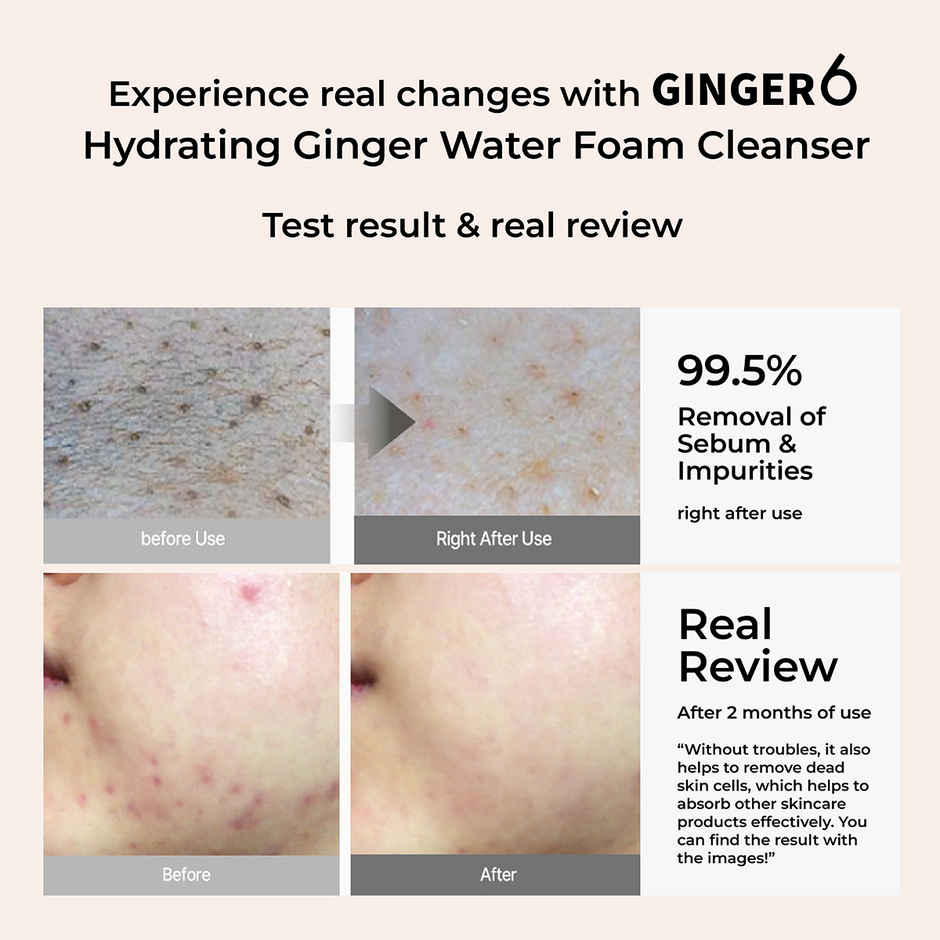GINGER6 Hydrating Foam Cleanser | 31.7% Ginger Water, Salicylic Acid, Acne Care, HA Hydration
