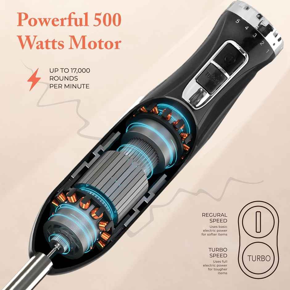 INALSA Electric Hand Blender RobotInox 500W Powerful DC Motor,Ultra Sharp SS Blade & Detachable Stem