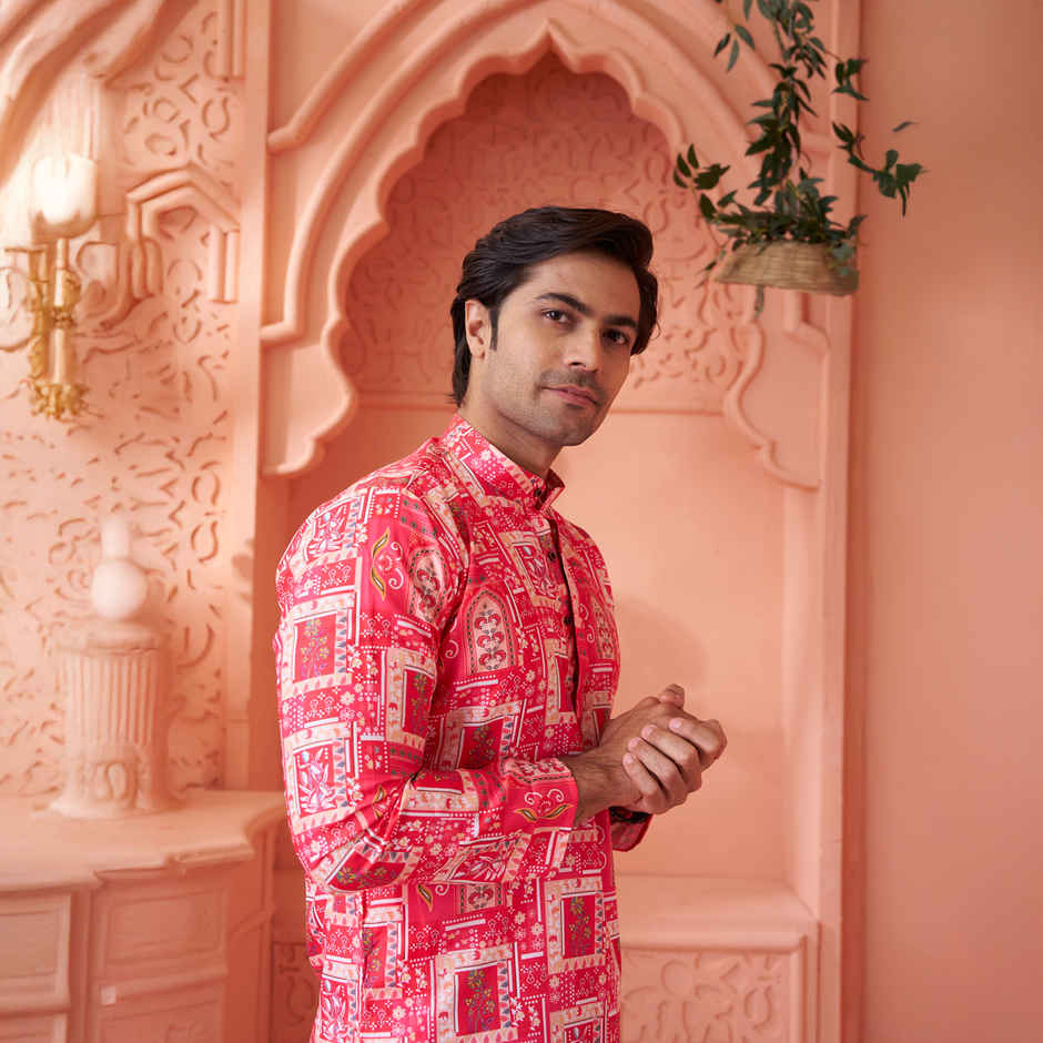 House Of Festivals Men's Printed Cotton Blend Long Kurta | Pink -XL