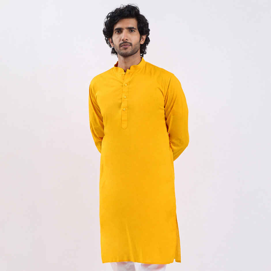 Vastramay Men's Cotton Blend Kurta | Yellow - XL