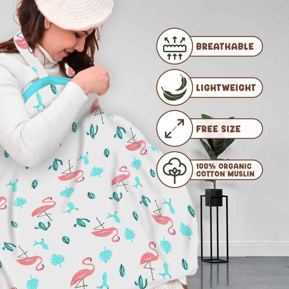 Moms Home Organic Cotton Muslin Nursing Cover For Breastfeeding Feeding Apron | Flamingo