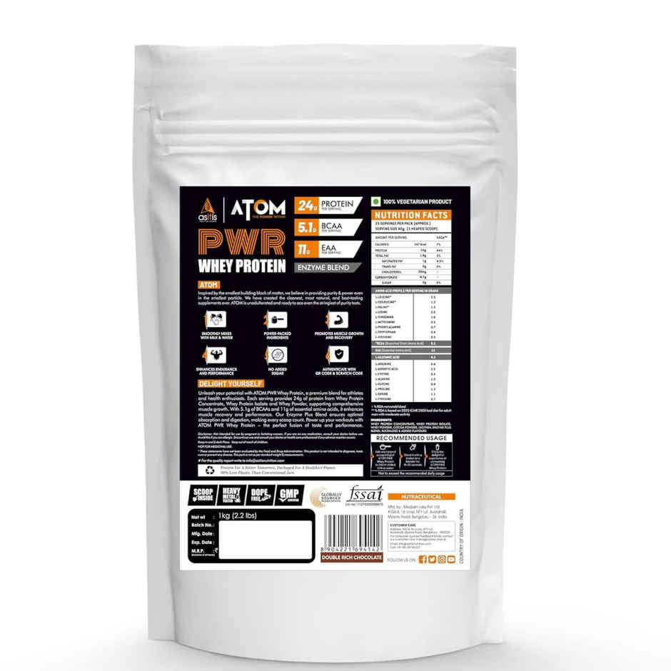 AS-IT-IS ATOM PWR Whey Protein With Enzymes, Double Rich Chocolate