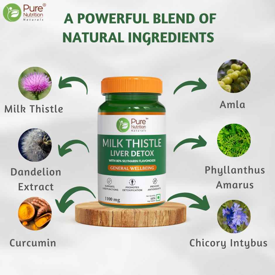 Pure Nutrition Milk Thistle Liver Detox with Silymarin NAC Curcumin Amla & Vitamin C 60 VEG Tab