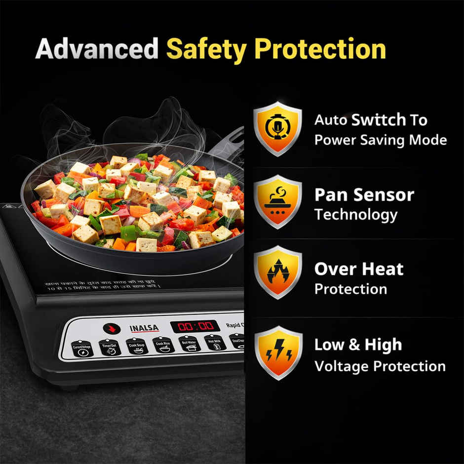 Inalsa 1600W Induction Cooktop with Smart Push Control,Pan Sensor,Variable Timer,Rapid Cook