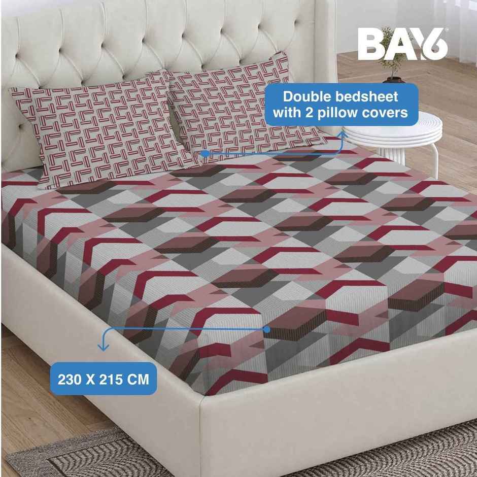 BAY6 Microfibre Geometric Double Bedsheet - Grey/Maroon | 215 x 230 cm + Two Pillow Covers