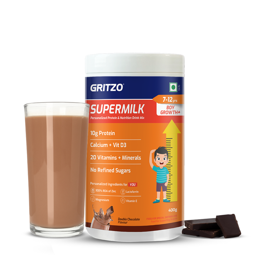 Gritzo Supermilk Growth+ (Formerly Height+) (7-12 Yrs Boys) |Double Chocolate, 12 Scoops