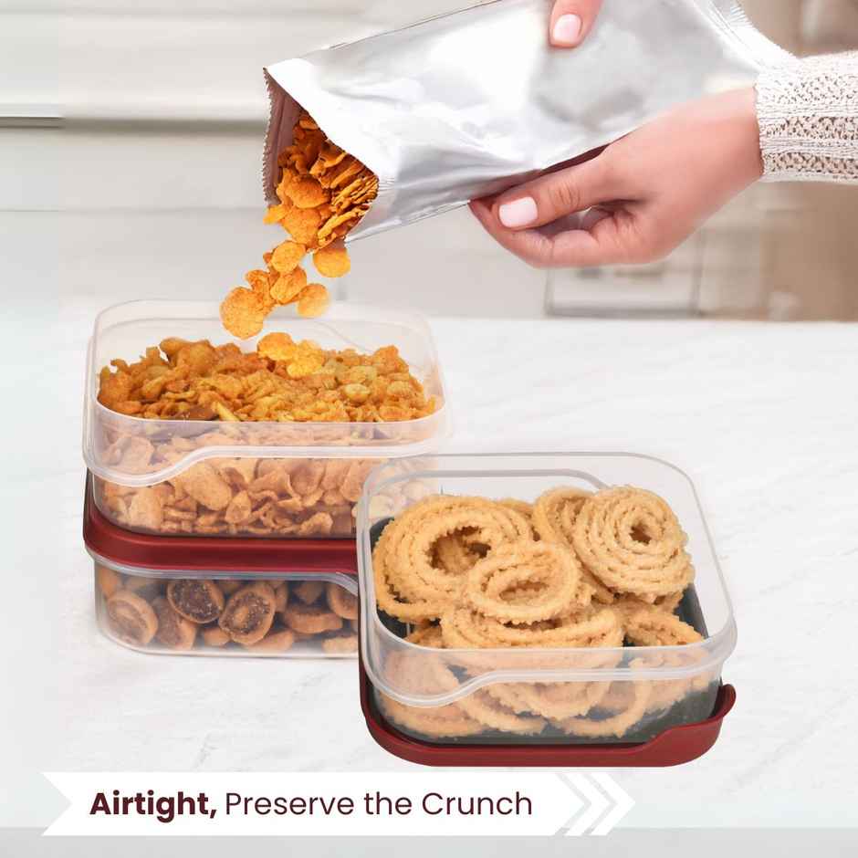 Flair Plastic Storewell Square Food Storage Containers 550Ml - Set Of 3, (Maroon), Food Grade