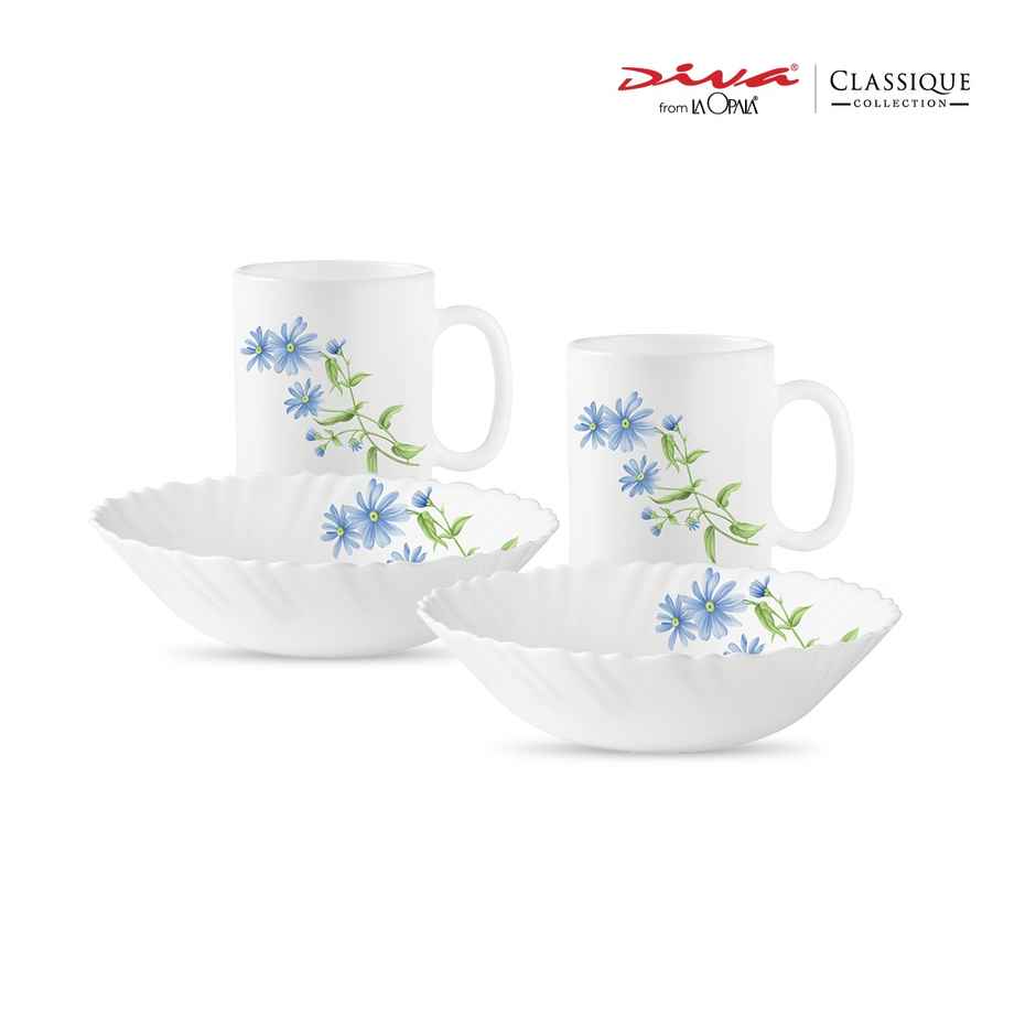 La Opala Diva Classique Breakfast Set of 4 | Opal Glass Coffee Mug & Bowl for Gifting - Blue Daisy