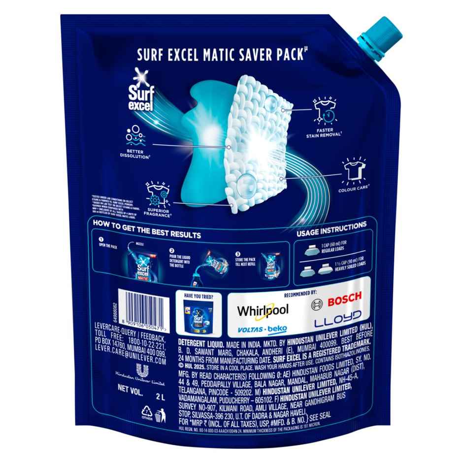 Surf Excel Matic Top Load Detergent Liquid Refill | Tough Dried Stain Removal (2L) & Comfort Morning Fresh After Wash Fabric Conditioner (2L) Combo