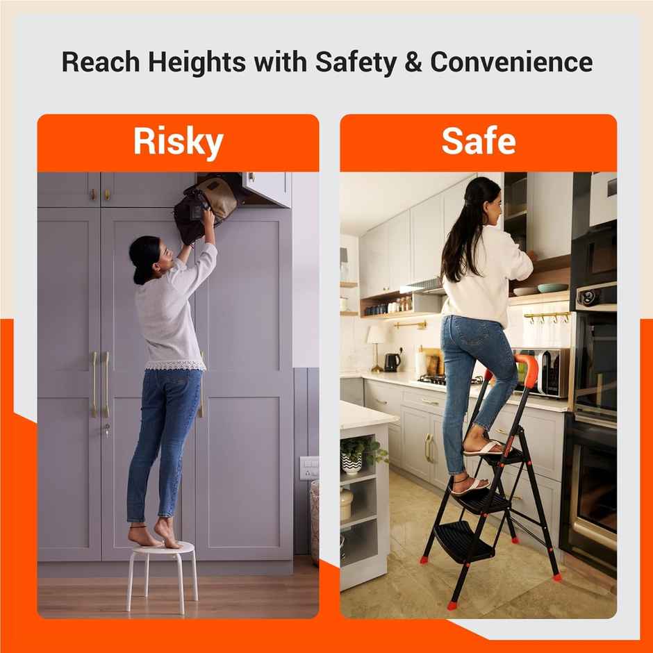Bathla 2-Step Steel Ladder | Safety Hand Grip, Wide Anti-Slip Steps | Ascend | Orange & Black