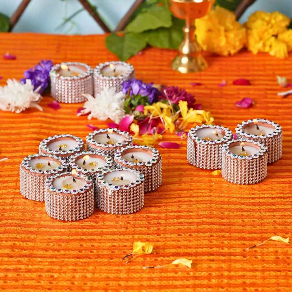 Lace Small Pillar Wax Diya Assorted | Pack Of 12 | Designer Clay Wax Diya | Pichai