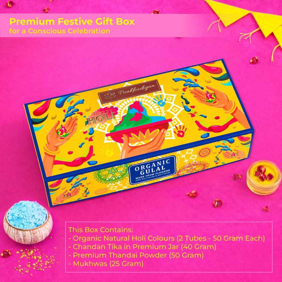 Premium Certified Natural Holi Colour Gift Set with Chandan Tika, Mukhwas & Thandai | Pankhudiyan