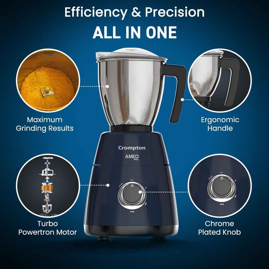 Crompton Ameo Pro 750W 4 Jars Mixer Grinder, 3 Stainless Steel Jars And 1 Juicer Jar - Black & Blue 